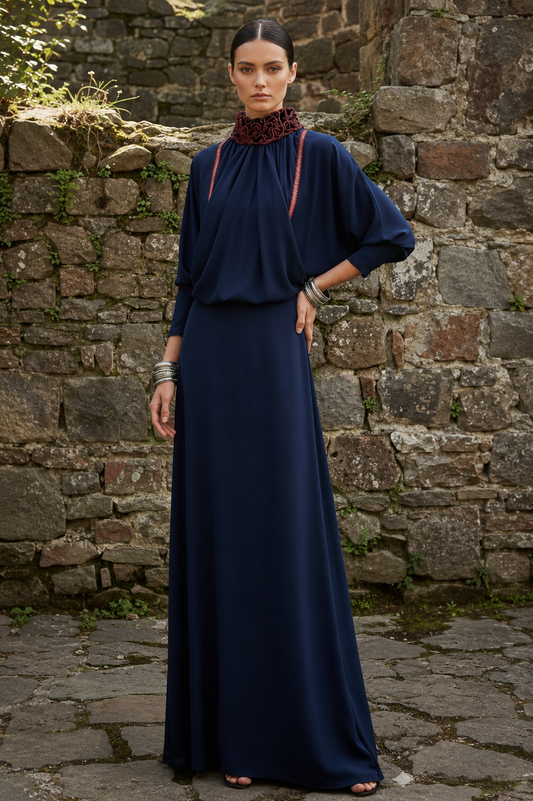 A woman modeling a navy blue maxi dress with a high gathered neckline, draped long sleeves, and a flowing skirt, standing outdoors against a rustic stone wall.